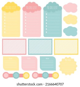 Cute paper notes. Stationary set. Scrapbook notes and cards.Printable planner stickers. To Do List note. Template for your message. Decorative planning element. Vector illustration.