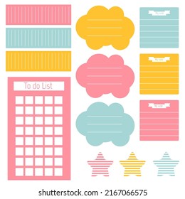 Cute paper notes. Stationary set. Scrapbook notes and cards.Printable planner stickers. To Do List note. Template for your message. Decorative planning element. Vector illustration.