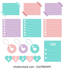 Cute paper notes. Stationary set. Scrapbook notes and cards.Printable planner stickers. To Do List note. Template for your message. Decorative planning element. Vector illustration.