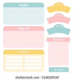 Cute paper notes. Stationary set. Scrapbook notes and cards.Printable planner stickers. To Do List note. Template for your message. Decorative planning element. Vector illustration.