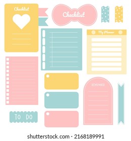 Papiertücher. Stationäre Einstellung. Scrapbook Notes and cards.Printable Planer Aufkleber. Notiz auflisten. Vorlage für Ihre Nachricht. Dekoratives Planungselement. Vektorgrafik.