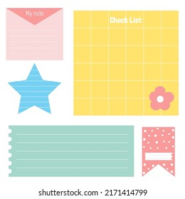 Cute paper notes. Stationary set. Scrapbook notes and cards.Printable planner stickers. To Do List note. Template for your message. Decorative planning element. Vector illustration.