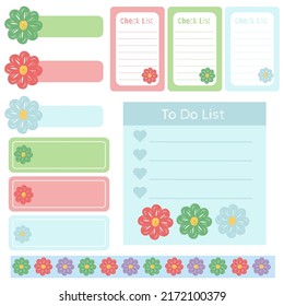 Cute paper notes. Stationary set. Scrapbook notes and cards.Printable planner stickers. To Do List note. Template for your message. Decorative planning element. Vector illustration.
