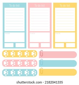 Cute paper notes. Stationary set. Scrapbook notes and cards.Printable planner stickers. To Do List note. Template for your message. Decorative planning element. Vector illustration.