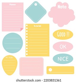 Cute paper notes. Stationary set. Scrapbook notes and cards.Printable planner stickers. To Do List note. Template for your message. Decorative planning element. Vector illustration.