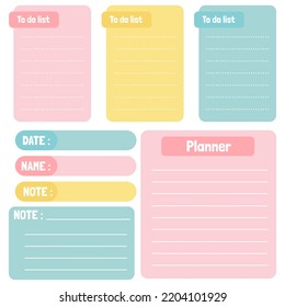 Cute paper notes. Stationary set. Scrapbook notes and cards.Printable planner stickers. To Do List note. Template for your message. Decorative planning element. Vector illustration.