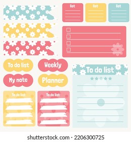 Cute paper notes. Stationary set. Scrapbook notes and cards.Printable planner stickers. To Do List note. Template for your message. Decorative planning element. Vector illustration.