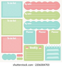 Cute paper notes. Stationary set. Scrapbook notes and cards.Printable planner stickers. To Do List note. Template for your message. Decorative planning element. Vector illustration.