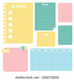 Cute paper notes. Stationary set. Scrapbook notes and cards.Printable planner stickers. To Do List note. Template for your message. Decorative planning element. Vector illustration.