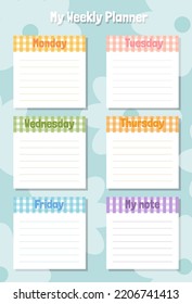Cute paper notes. Stationary set. Scrapbook notes and weekly plan.Printable planner stickers. To Do List note. Template for your message. Decorative planning element. Vector illustration.