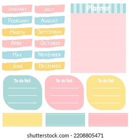 Cute paper notes. Stationary set. Scrapbook notes and cards.Printable planner stickers. To Do List note. Template for your message. Decorative planning element. Vector illustration.