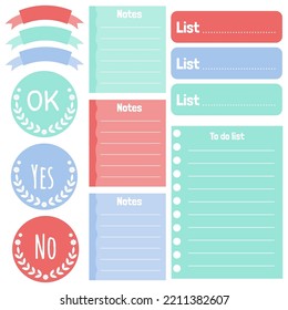 Cute Paper Notes. Stationary Set. Scrapbook Notes And Cards.Printable Planner Stickers. To Do List Note. Template For Your Message. Decorative Planning Element. Vector Illustration.