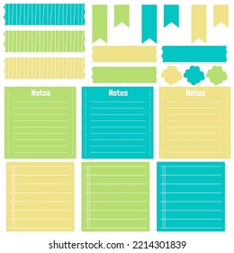 Notas de papel cortas. Conjunto estatiario. Notas y tarjetas de cuadernillo. Etiquetas impresas para planificadores. Nota de la lista de tareas pendientes. Plantilla para su mensaje. Elemento de planificación decorativa. Ilustración vectorial.