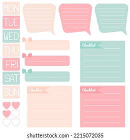Cute paper notes. Stationary set. Scrapbook notes and cards.Printable planner stickers. To Do List note. Template for your message. Decorative planning element. Vector illustration.
