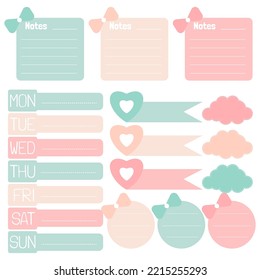 Cute paper notes. Stationary set. Scrapbook notes and cards.Printable planner stickers. To Do List note. Template for your message. Decorative planning element. Vector illustration.