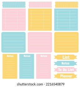 Cute paper notes. Stationary set. Scrapbook notes and cards.Printable planner stickers. To Do List note. Template for your message. Decorative planning element. Vector illustration.