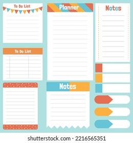 Cute paper notes. Stationary set. Scrapbook notes and cards.Printable planner stickers. To Do List note. Template for your message. Decorative planning element. Vector illustration.