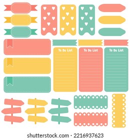 Papiertücher. Stationäre Einstellung. Scrapbook Notes and cards.Printable Planer Aufkleber. Notiz auflisten. Vorlage für Ihre Nachricht. Dekoratives Planungselement. Vektorgrafik.