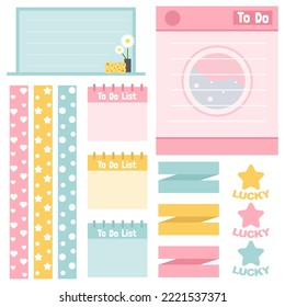 Papiertücher. Stationäre Einstellung. Scrapbook Notes and cards.Printable Planer Aufkleber. Notiz auflisten. Vorlage für Ihre Nachricht. Dekoratives Planungselement. Vektorgrafik.