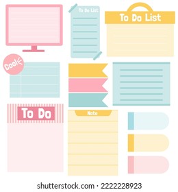 Cute paper notes. Stationary set. Scrapbook notes.Printable planner stickers. To Do List template for your message. Decorative planning element. Vector illustration.