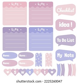 Cute paper notes. Stationary set. Scrapbook notes and cards.Printable planner stickers. To Do List note. Template for your message. Decorative planning element. Vector illustration.