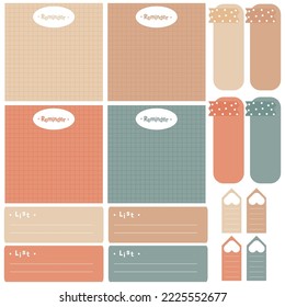 Notas de papel cortas. Conjunto estatiario. Notas y tarjetas de cuadernillo. Etiquetas impresas para planificadores. Nota de la lista de tareas pendientes. Plantilla para su mensaje. Elemento de planificación decorativa. Ilustración vectorial.