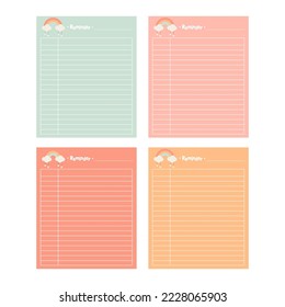 Notas de papel cortas. Conjunto estatiario. Notas y tarjetas de cuadernillo. Etiquetas impresas para planificadores. Nota de la lista de tareas pendientes. Plantilla para su mensaje. Elemento de planificación decorativa. Ilustración vectorial.