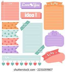 Cute paper notes. Stationary set. Scrapbook notes and cards.Printable planner stickers. To Do List note. Template for your message. Decorative planning element. Vector illustration.