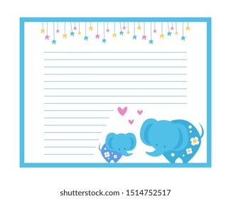 Cute Paper Page with Elephants, Lined Sheet, Notebook, Diary, School Notes, Workbook Design Element Vector Illustration