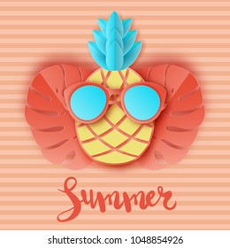 Cute paper pineapple in sunglasses and tropical leaves on striped background. Summer vacation concept. Pastel colors