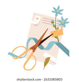 Cute paper stationery with ribbon, scissors, and floral accents. Flat Vector Illustration.