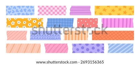 Cute paper washi tape vector illustration. Collection of adhesive scotch strip sticker.