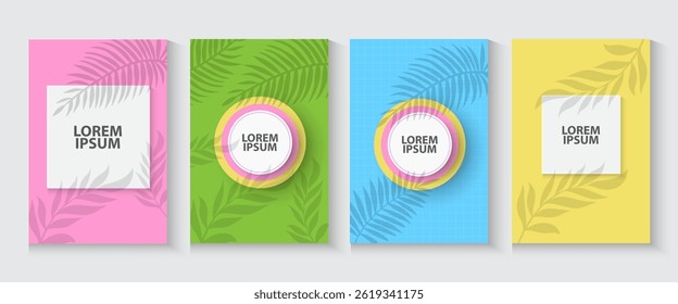 Cute papercut  poster banner with white copy space circle frame. leaves shadow paper craft art or origami style for baby nursery, children design, can be used for summer, holiday, spring, infographic.