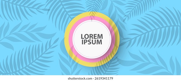 Cute papercut  poster banner with white copy space circle frame. leaves shadow paper craft art or origami style for baby nursery, children design, can be used for summer, holiday, spring, infographic.