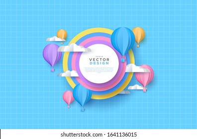 Cute papercut sky landscape background with white copy space circle frame. Hot air balloon, rainbow and clouds made in realistic paper craft art or origami style for baby nursery, children design. 