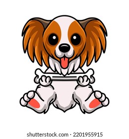 Cute papillon dog cartoon holding a bone