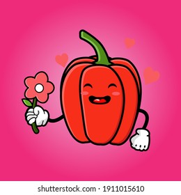 cute paprika cartoon mascot character funny expression giving flower