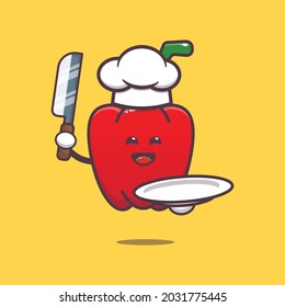 süßer Paprika-Koch. Gemüsewelttag. Vektor einzelne flache Illustration für Poster, Broschüre, Web, Maskottchen, Aufkleber, Logo und Symbol.