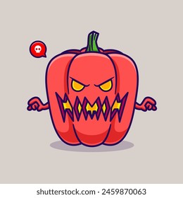 Cute Paprika Halloween Monster Cartoon Vector Icon Illustration. Food Holiday Icon Concept Isolated Premium Vector. Flat Cartoon Style