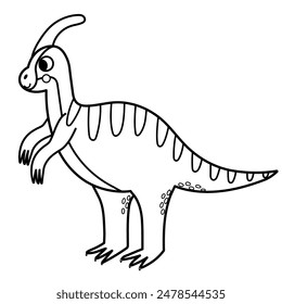 Cute parasaurolophus in black and white isolated element. Funny dinosaur of jurassic period for kids design. Prehistorical dino outline clipart. Vector illustration 