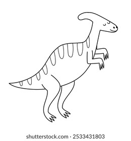 Parasaurolofo bonito em elemento isolado preto e branco. Dinossauro engraçado do período jurássico para design infantil. Pré-histórico dino esboço clipart. Ilustração vetorial