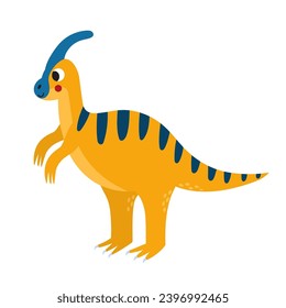 Cute parasaurolophus in cartoon style isolated element. Funny dinosaur of jurassic period for kids design. Prehistorical dino clipart. Vector illustration