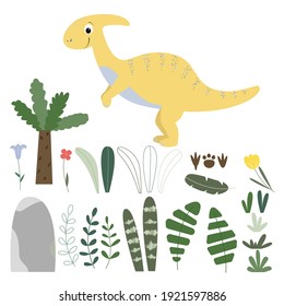 Cute parasaurolophus with tropical leaves, palm, fern, grass, footprints and flowers. Kids vector illustration. . Funny cartoon dinosaur, ancient herbivore reptile. Yellow animal.
