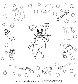 Cute parasenok brushing teeth. Set with hygiene items.