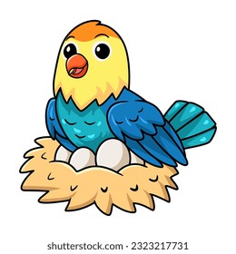 Cute parblue opaline lovebird cartoon with eggs in the nest