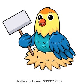 Cute parblue opaline lovebird cartoon holding blank sign
