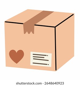 Cute parcel box with heart label and shipping sticker, sealed with cozy brown tape. Great for small business packaging or love-themed delivery visuals.