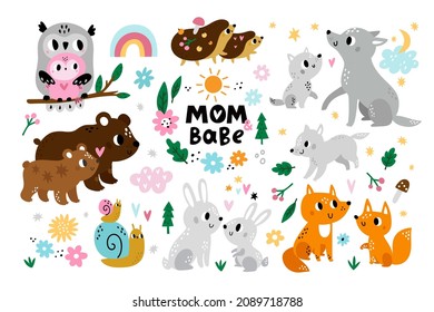 Cute parent and baby animals. Loving moms and cubs, forest animals and birds, hugging characters, wildlife mothers and kids, wild fauna families fox and bear, hedgehogs - Shutterstock ID 2089718788