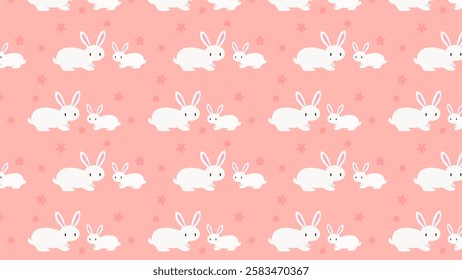 Cute parent-child rabbit seamless pink background illustration.
