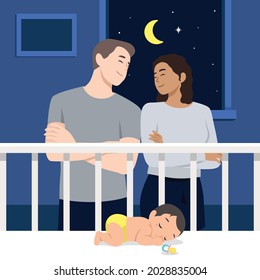 Cute parents couple watching little baby sleeping peacefully in crib with pacifier